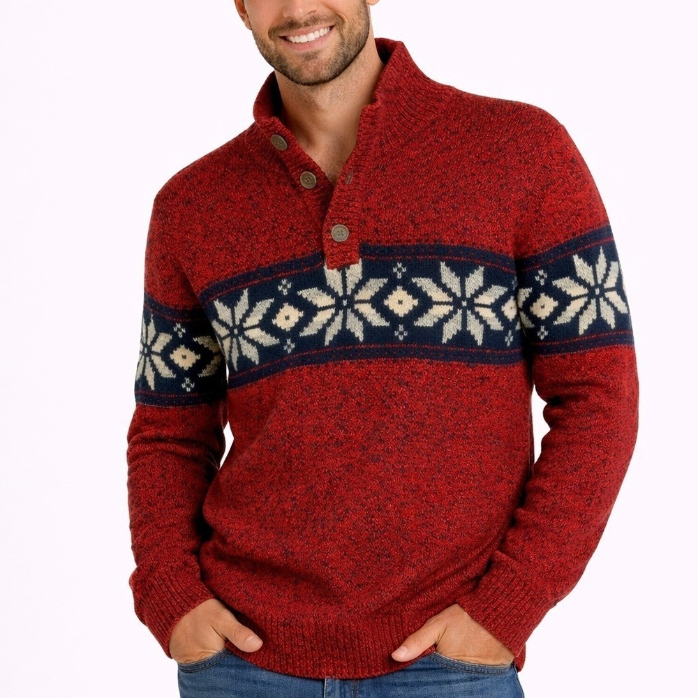 American Eagle Fair Isle Sweater Men L Red Nordic Mock Neck Grandpa Old Money